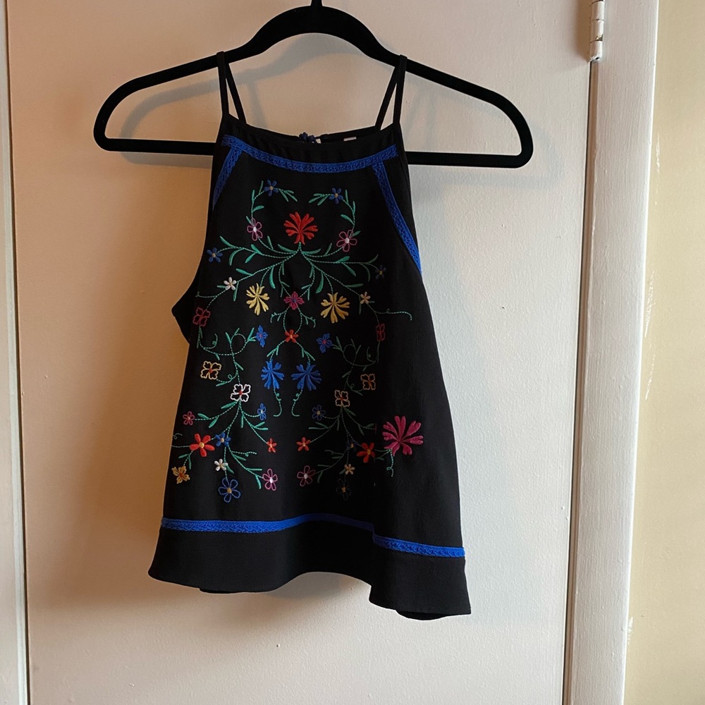 Embroidered floral high neck black tank top size small